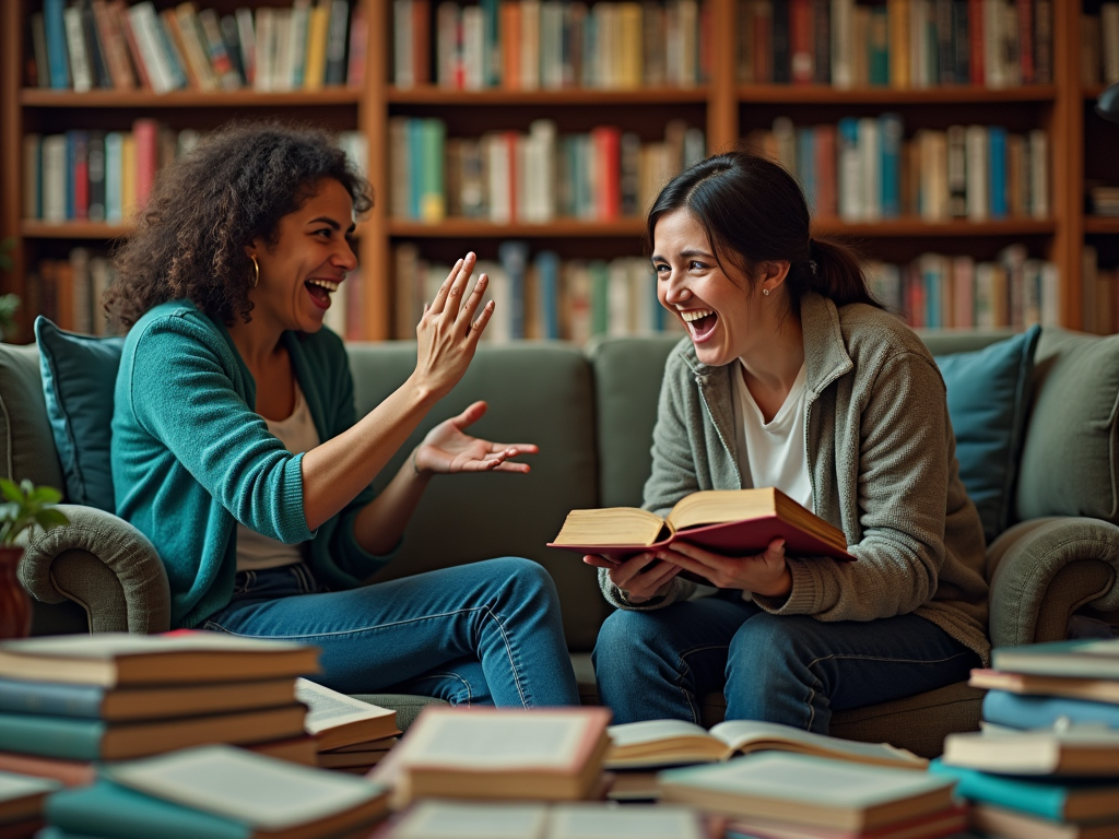 Две женщины смеются, читая книгу в библиотеке, окружённые книгами.