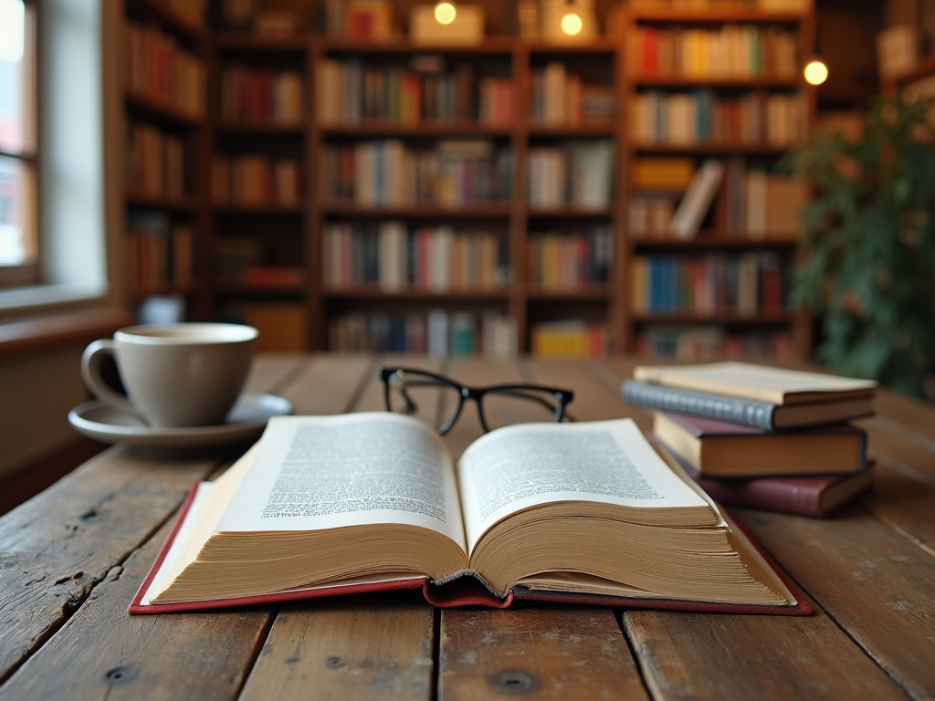 Открытая книга, очки и кофе на столе в библиотеке.