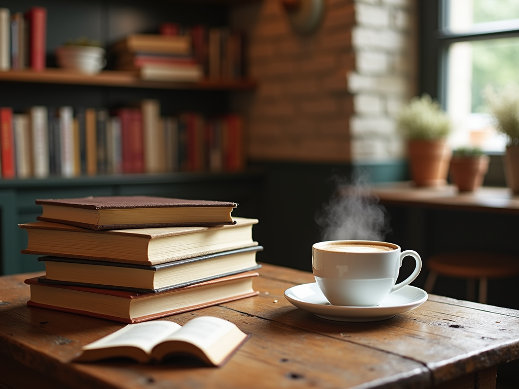 Книги на столе и чашка ароматного кофе в уютной кафешке.
