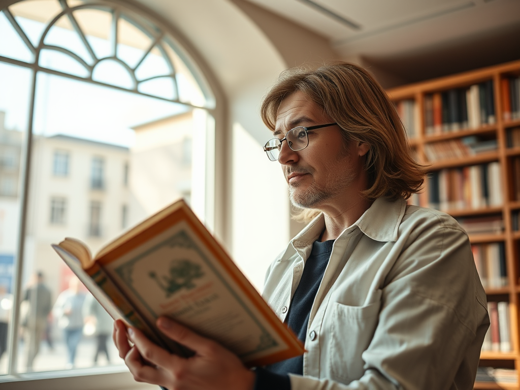 Мужчина читает книгу у окна в библиотеке, окружённый книгами и светом. Чувство спокойствия и сосредоточенности.