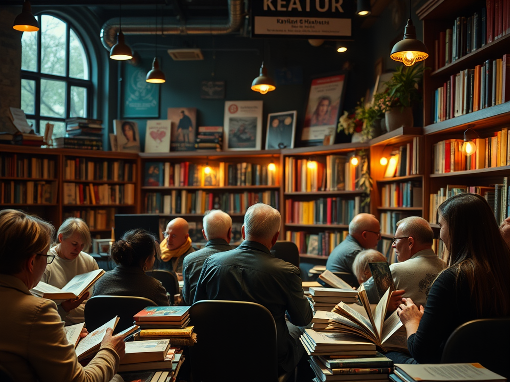 В уютной библиотеке люди читают книги, окруженные стеллажами с литературой и теплым светом.