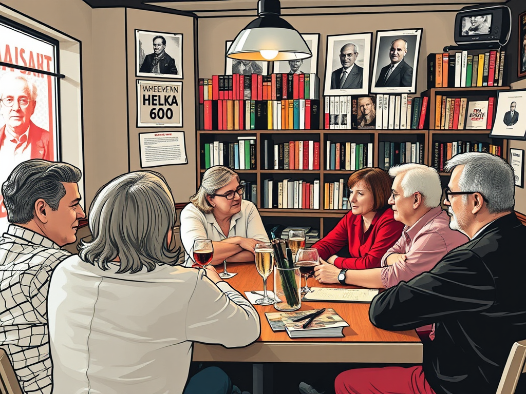 Группа людей сидит за столом в кафе, обсуждая что-то важное среди книг и фотографий на стенах.