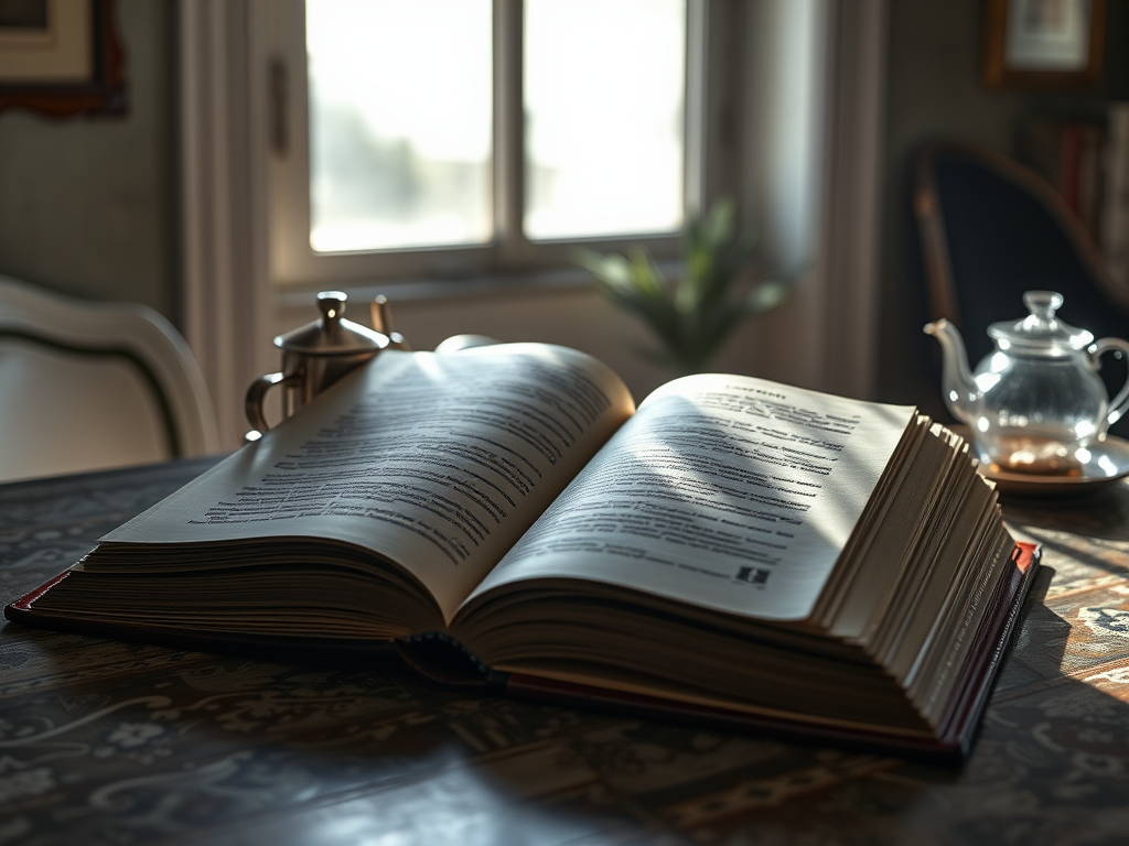 На столе открыт книга, рядом чайник и солнечный свет мягко освещает страницы.