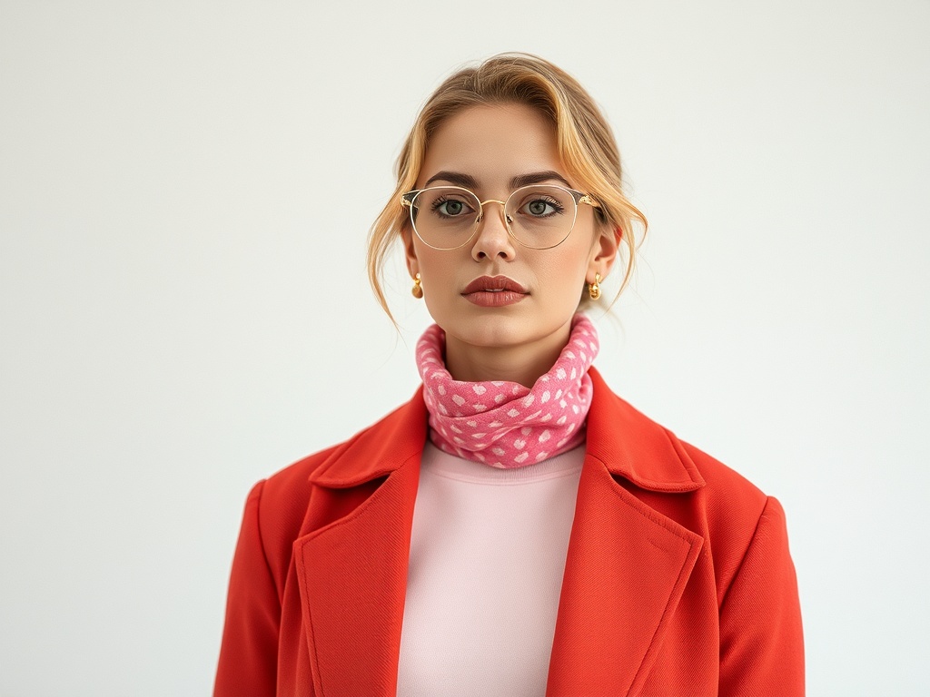 Молодая женщина в красном пальто и розовом шарфе, с очками и светлыми волосами на нейтральном фоне.