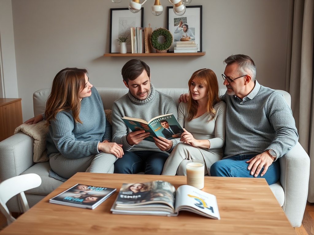 Четыре человека на диване читают журналы и обсуждают их в уютной комнате.