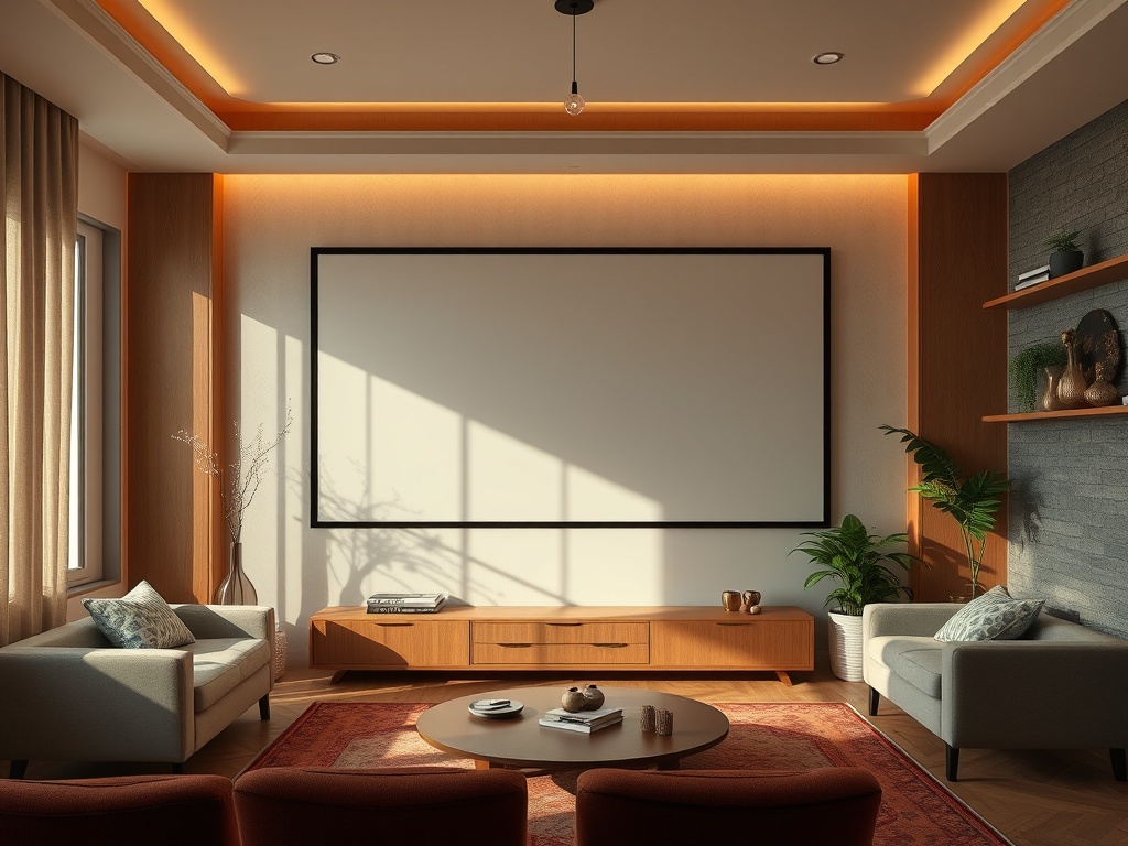 Светлая гостиная с уютной мебелью, телевизионным экраном и зелеными растениями на полках.