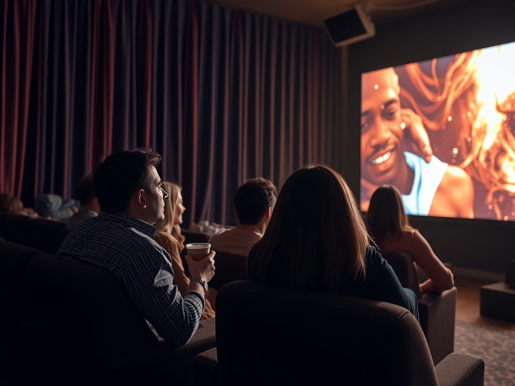 Группа людей смотрит фильм в кинотеатре, освещая экран яркими цветами и эмоциями.