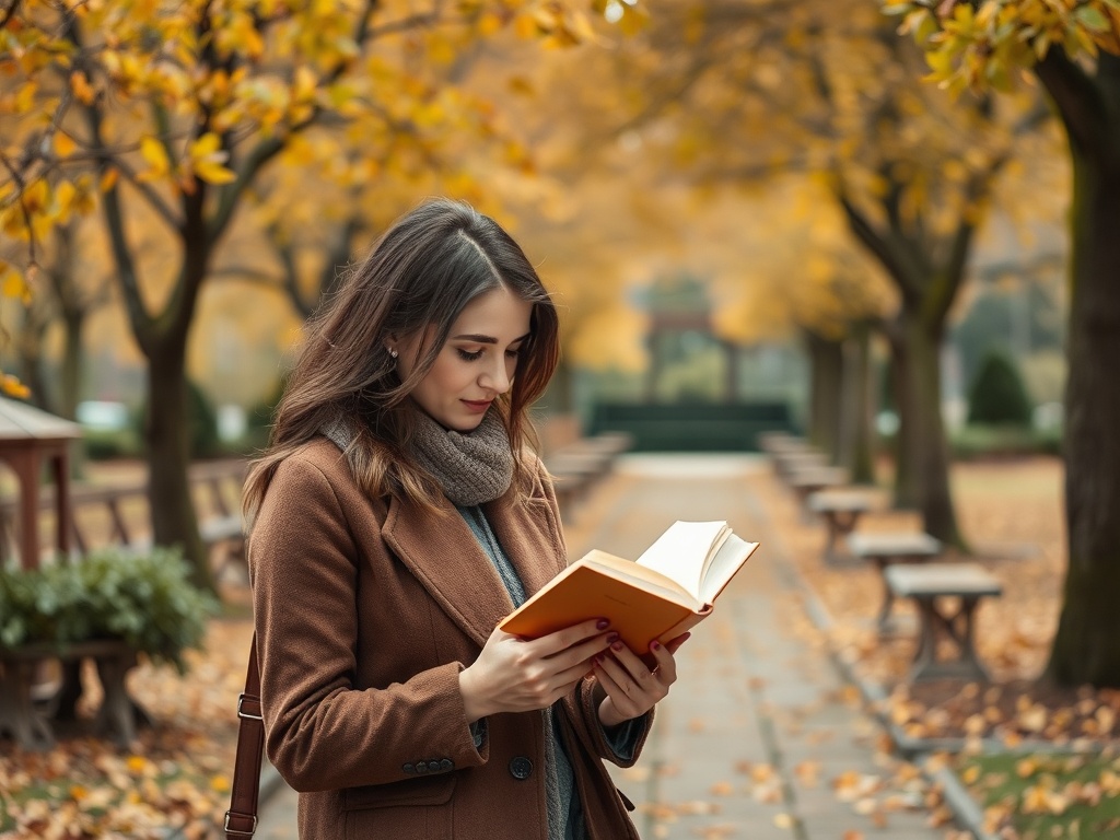 Девушка в коричневом пальто читает книгу на фоне осеннего парка с желтыми листьями.