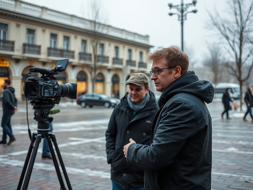 На улице два человека обсуждают съемки, рядом стоит видеокамера на штативе. Серое зимнее утро.