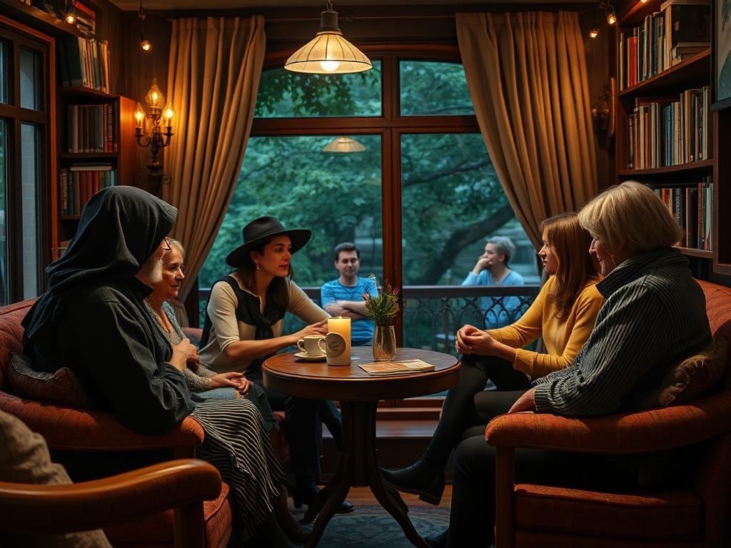 Группа людей общается в уютной комнате с книгами, за столом, на фоне зеленого сада.