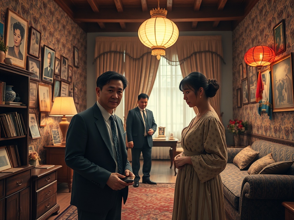 В трёхместной комнате с историческими фотографиями стоят мужчины и женщина в традиционной одежде.