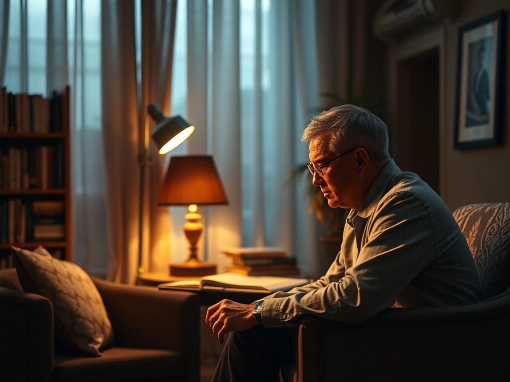 На картине сидит задумчивый пожилой мужчина в уютной комнате, освещённой теплым светом лампы.