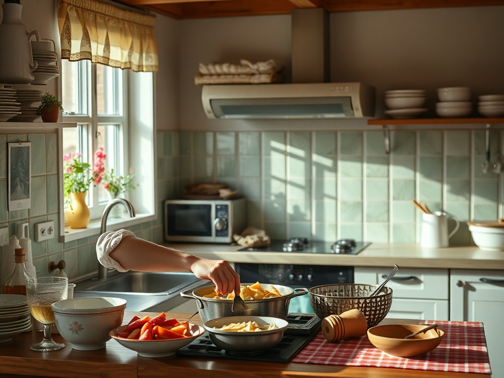 На кухне готовится еда: нарезанные фрукты, посуды, стаканы и солнечный свет создают уютную атмосферу.