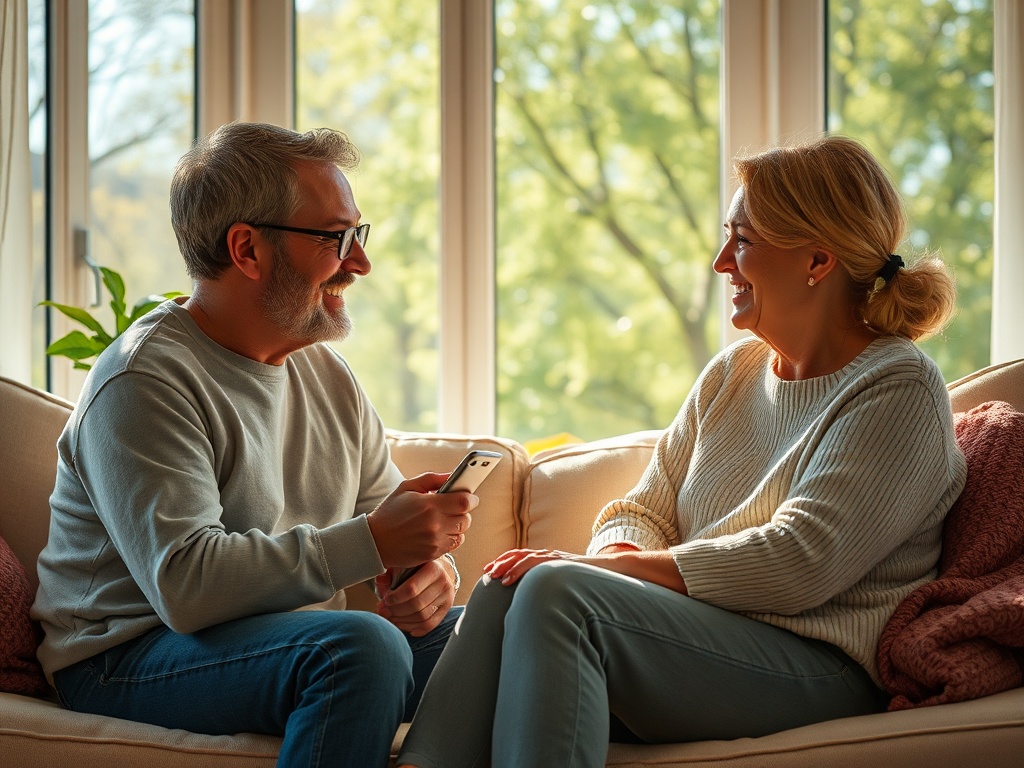 Два человека сидят на диване и улыбаются друг другу, общаясь и наслаждаясь временем вместе.