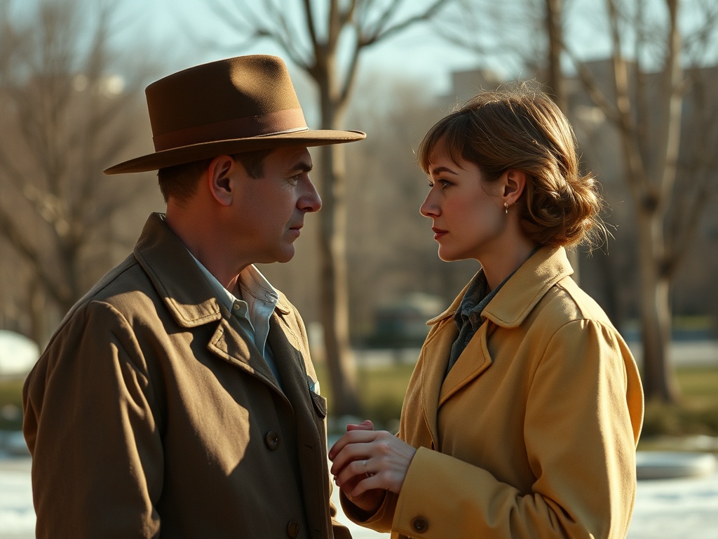 На улице стоят мужчина в шляпе и женщина, смотрящие друг на друга, держа руки.