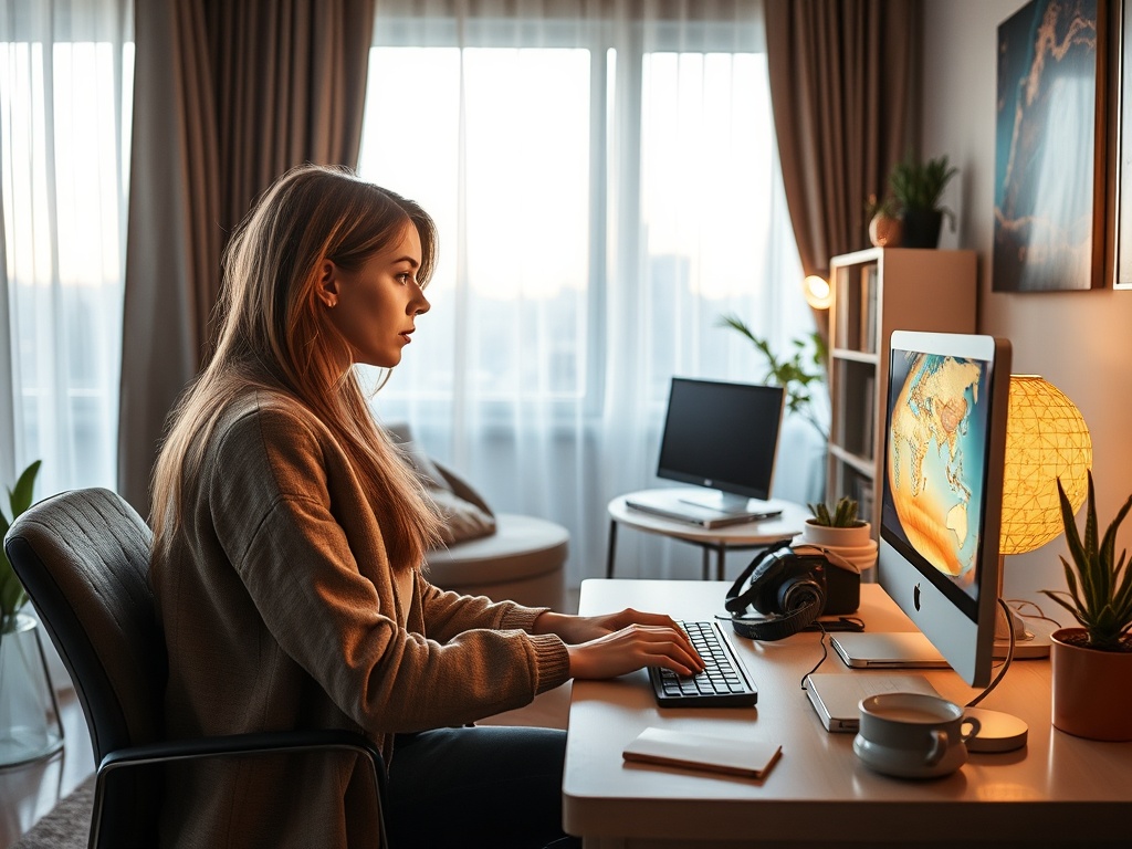 Молодая женщина сидит за столом, работает за компьютером в уютной комнате с мягким освещением.