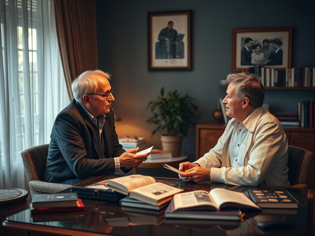 Два пожилых мужчины беседуют за столом, обсуждая фотографии и книги в уютном освещённом помещении.