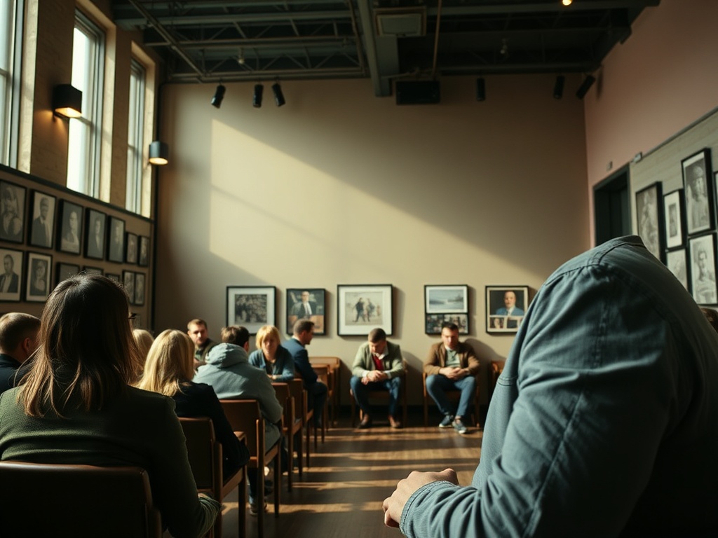 В помещении с большими окнами группа людей слушает обсуждение, рядом выставлены фотографии.