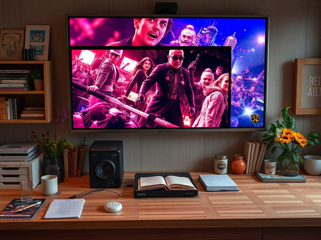 На телевизоре изображены сцены из фильма, вокруг стол с книгами и цветами. Стильный уютный интерьер.