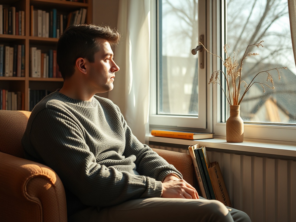 Молодой человек сидит на диване и задумчиво смотрит в окно, рядом книги и засушенные цветы.