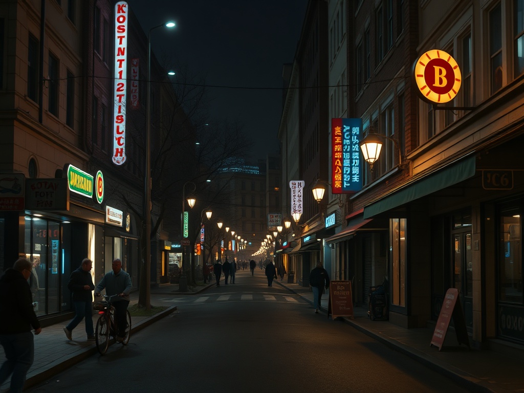 Улица ночью с яркими неоновыми вывесками и прохожими, тихая атмосфера города.