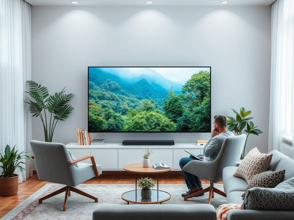 Современная гостиная с удобной мебелью и телевизором, показывающим красивый горный пейзаж.