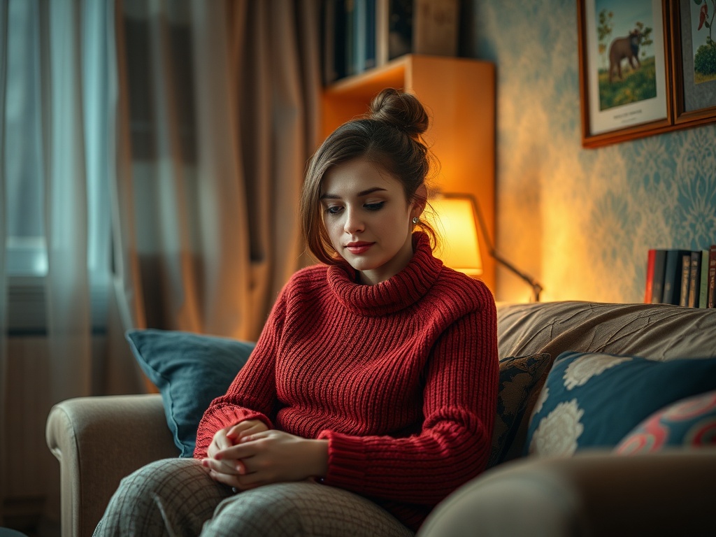 Молодая женщина в красном свитере задумчиво сидит на диване в уютной комнате с приглушенным светом.
