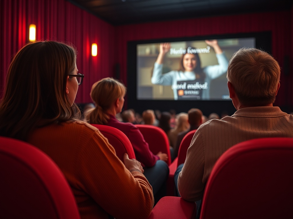 Зрители в кинотеатре смотрят на экран, где играет фильм с актрисой на переднем плане.