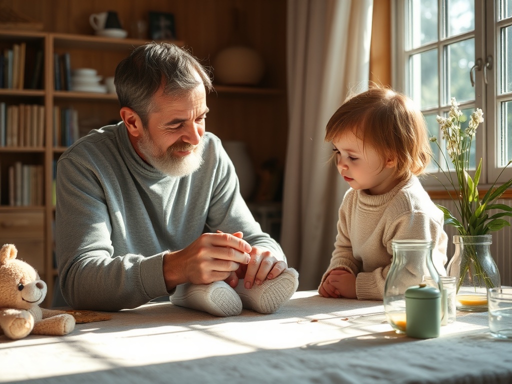 Дедушка и внучка играют за столом в уютной комнате с цветами и игрушкой. Солнечный свет наполняет пространство.