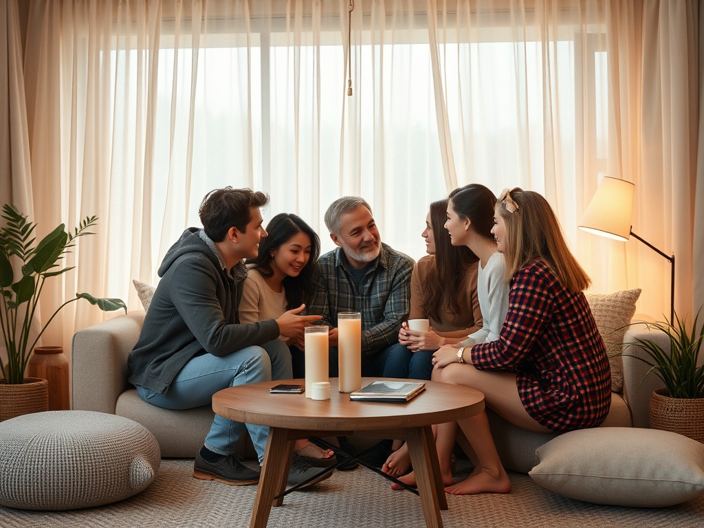 Шестеро людей общаются и смеются в уютной комнате с большими окнами и мягкой мебелью.