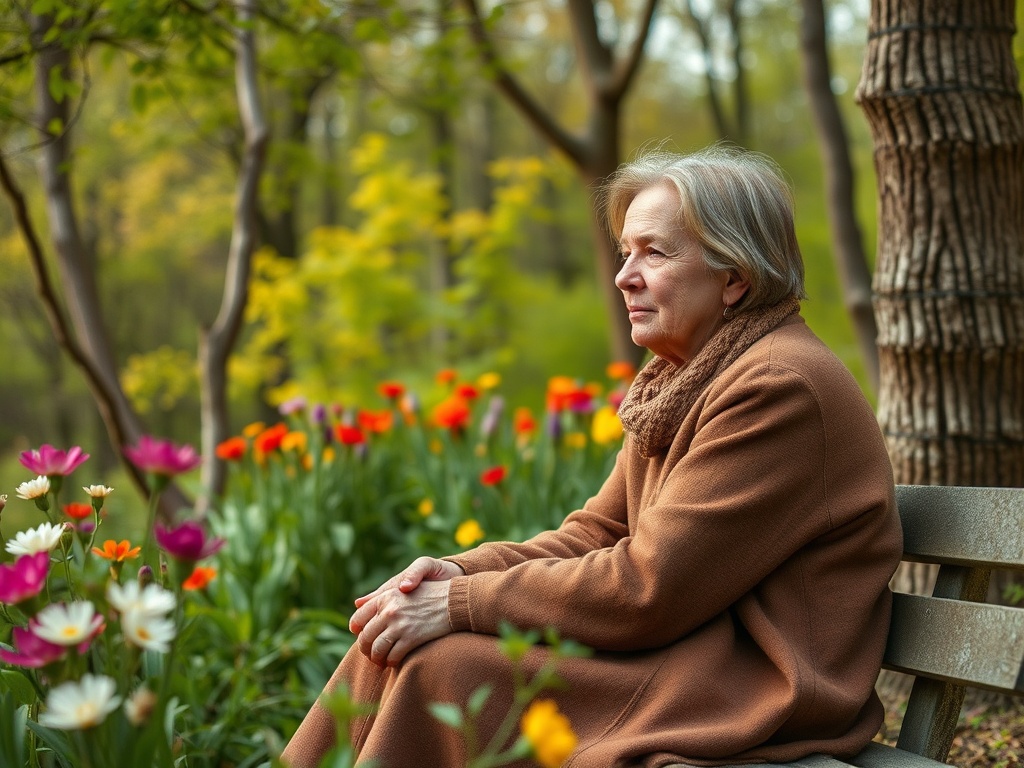 Пожилая женщина сидит на скамейке среди цветов в весеннем саду, смотрит вдаль с задумчивым выражением лица.