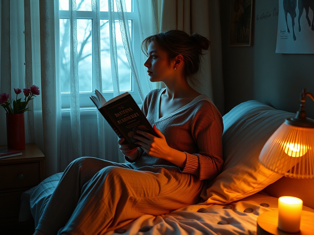 Девушка читает книгу у окна в уютной комнате, освещённой настольной лампой и свечой.