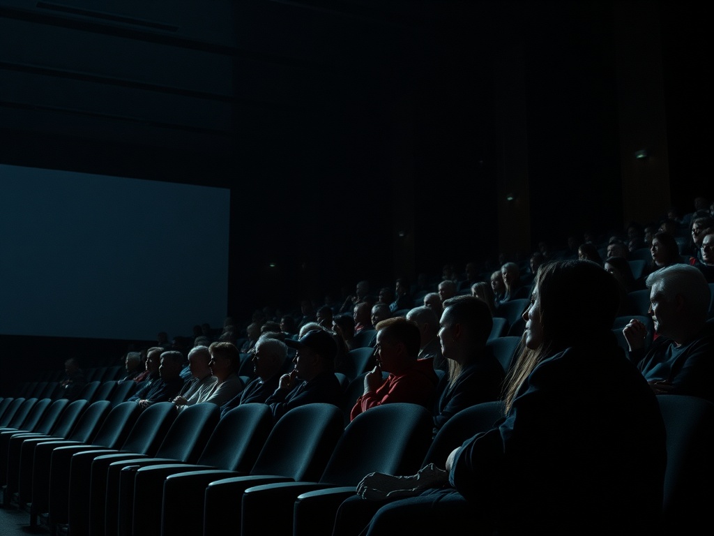 Аудитория в темном зале кинотеатра, зрители смотрят на большой экран.