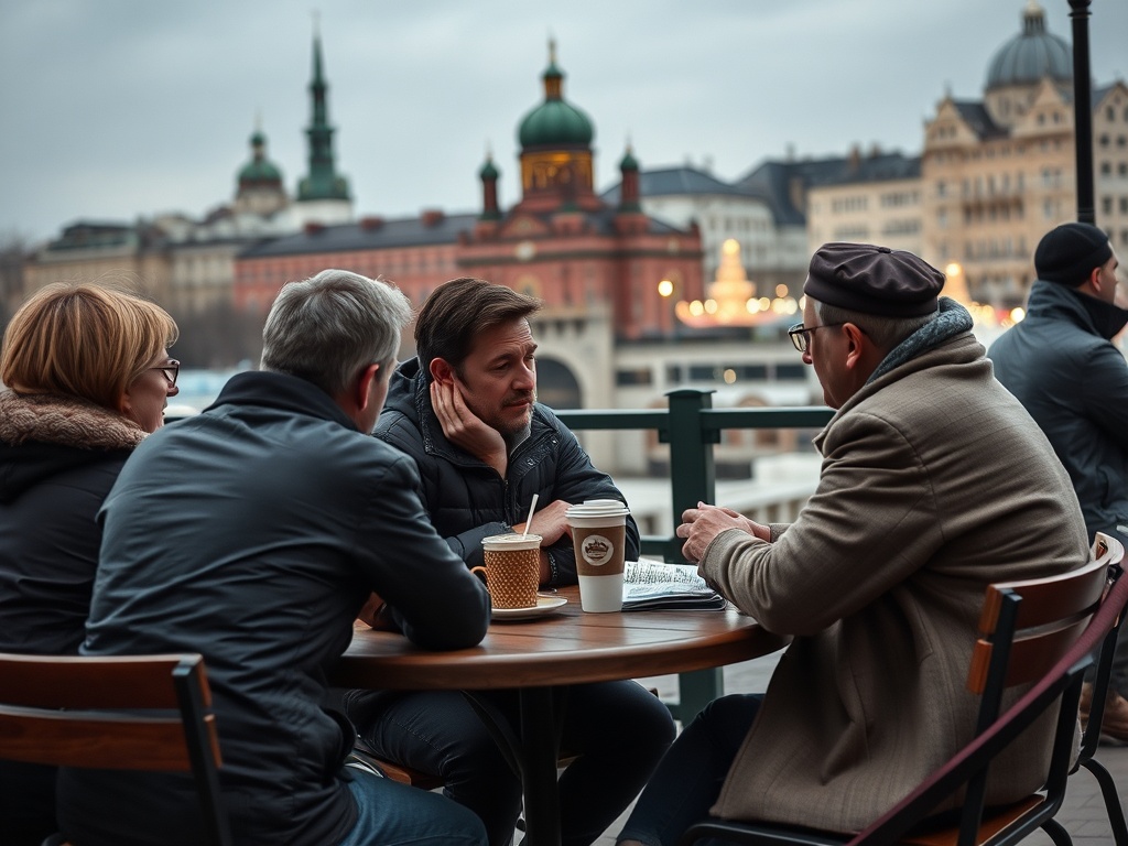 Четыре человека беседуют за столиком в кафе на фоне городского пейзажа с историческими зданиями.