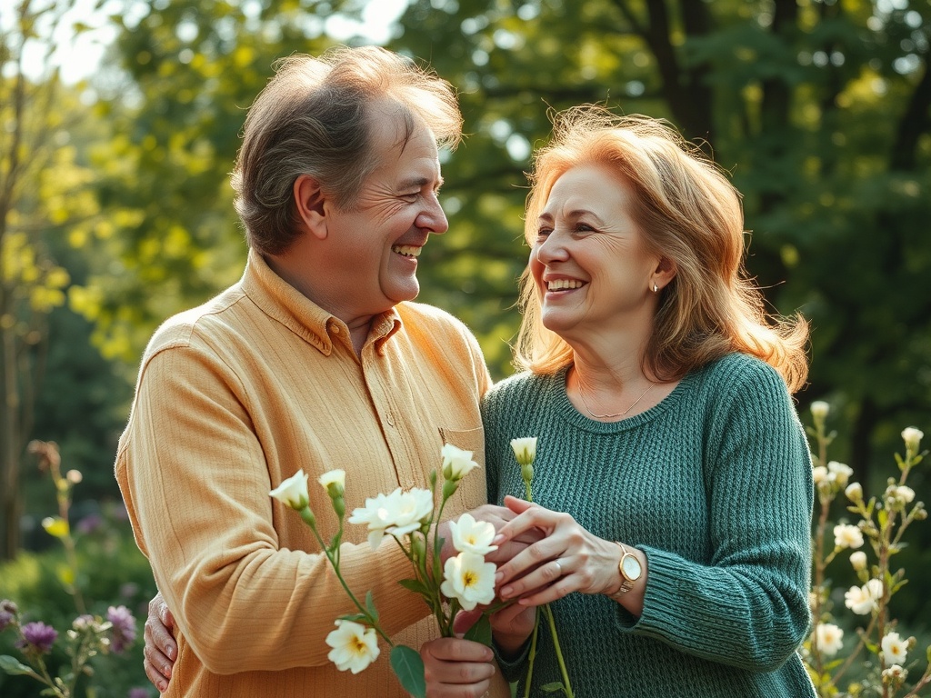 Счастливая пара, улыбающаяся друг другу и держащая цветы на фоне зеленого сада.