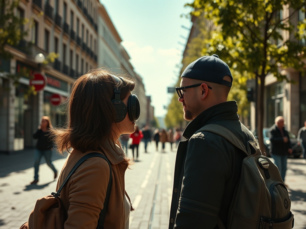 На улице пара обсуждает что-то важное, одетая в стильную одежду и наушники. Вокруг человек много людей.