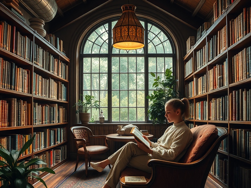 Девушка читает книгу в уютной библиотеке с большими окнами и полками, полными книг.