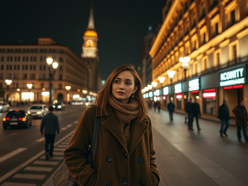 Женщина в тёплом пальто и шарфе стоит на улице ночью, вдалеке видна башня с часами и освещённые магазины.