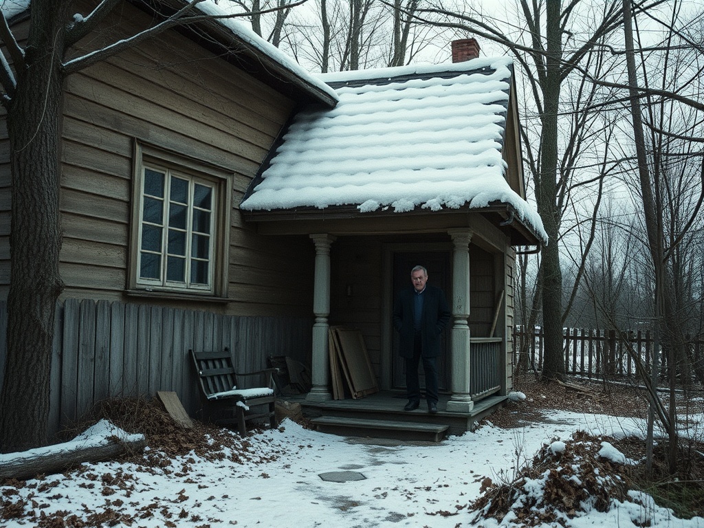 На фоне зимнего пейзажа стоит человек у входа в дом, покрытый снегом. Деревья без листьев вокруг.
