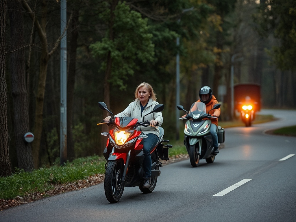 Женщина управляет красным скутером по ухабистой дороге, впереди два других мотоциклиста в лесистой местности.