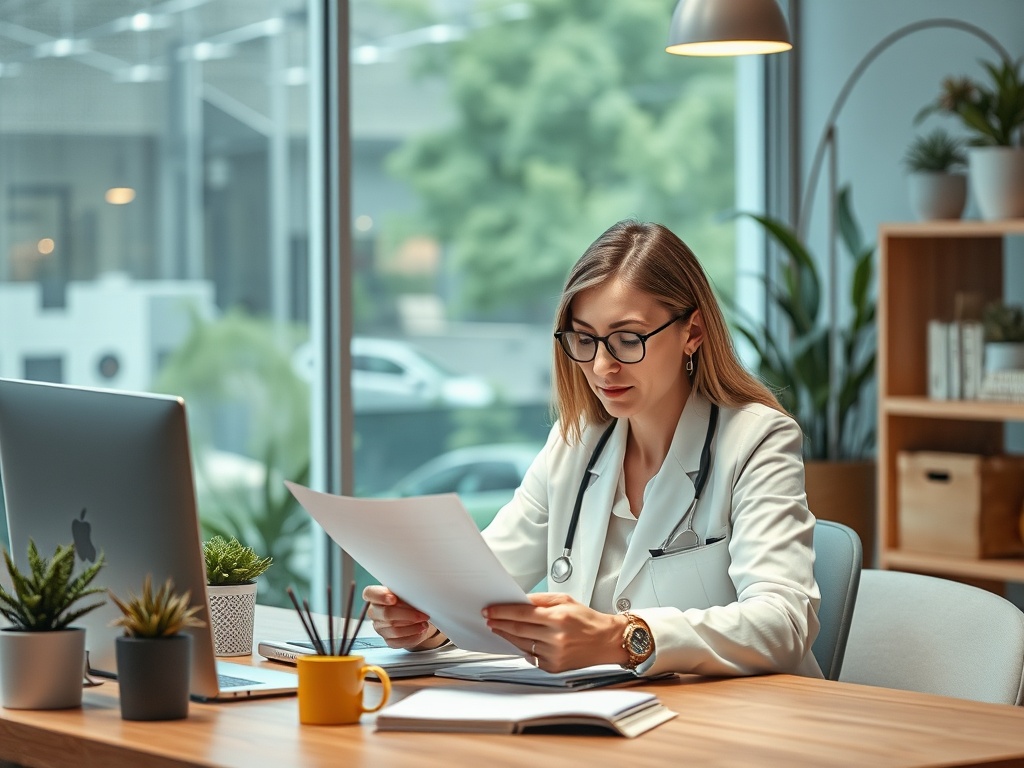 Женщина-врач в кабинете читает документы, сидя за столом с компьютером и растениями.