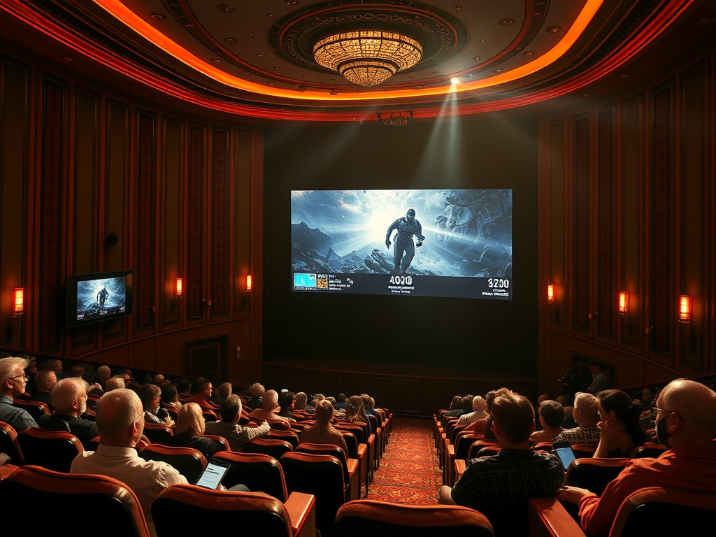 В зале кинотеатра зрители смотрят фильм на большом экране. Уютная атмосфера и тёплое освещение.