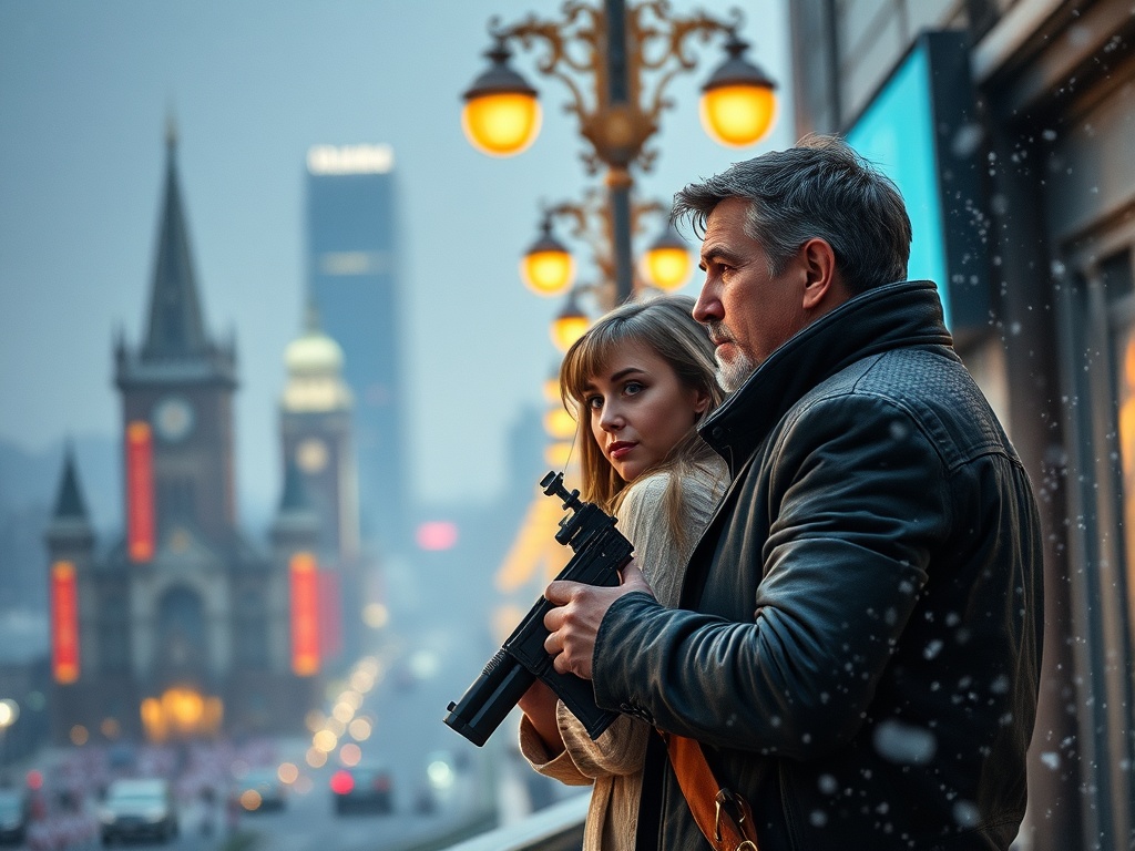 Пара стоит на улице с оружием, на фоне городской архитектуры и фонарей в сумерках.