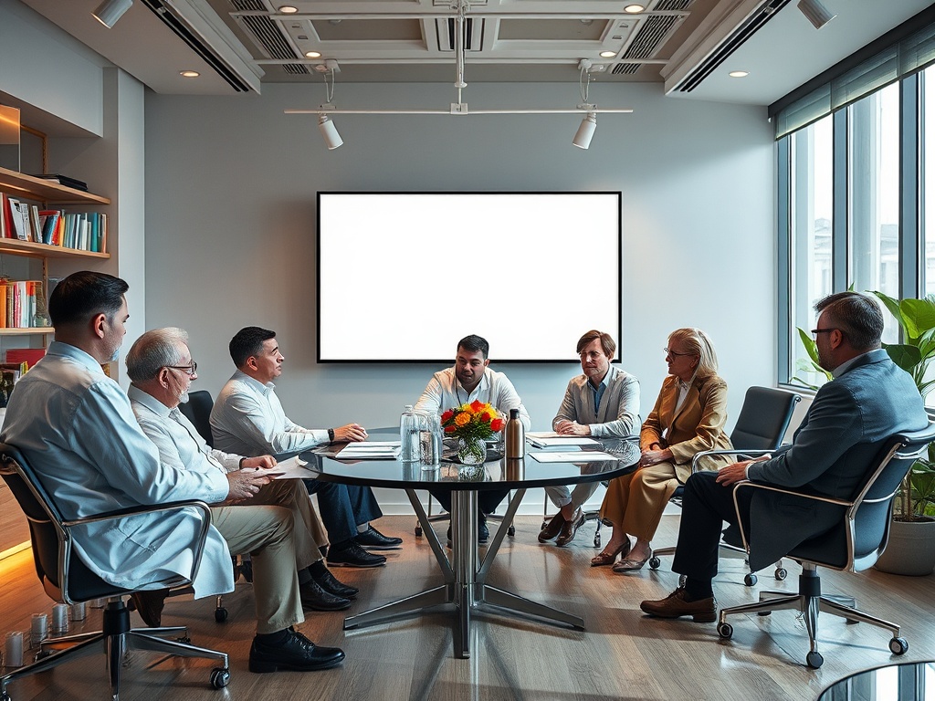 На встрече в офисе семь человек обсуждают проект, на столе цветы и документы. На стене пустой экран.