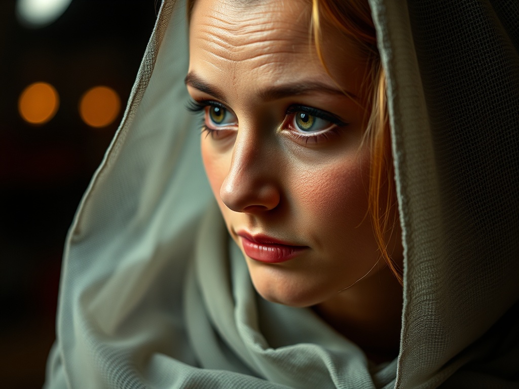 Портрет девушки в светлом платке с выразительными глазами на фоне размытых огней.