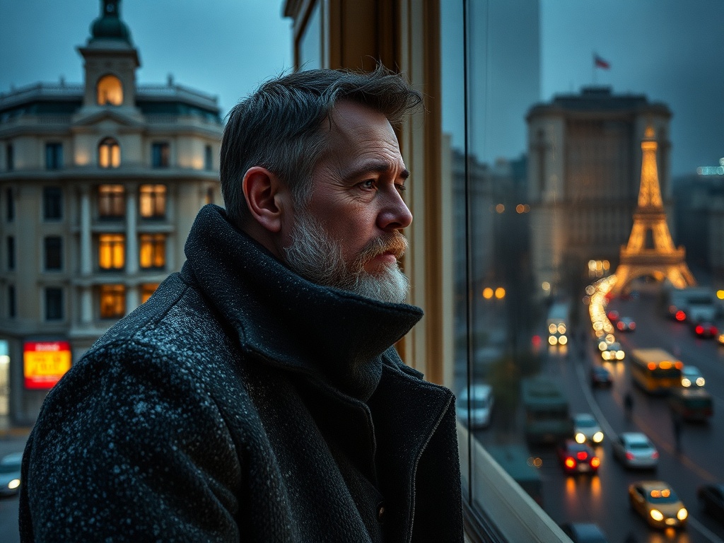 Мужчина с бородой смотрит в окно на городской пейзаж с Эйфелевой башней на заднем плане.