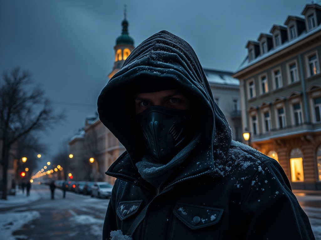 Человек в капюшоне и маске стоит на улице в зимний вечер, снежные улицы и здания позади него.