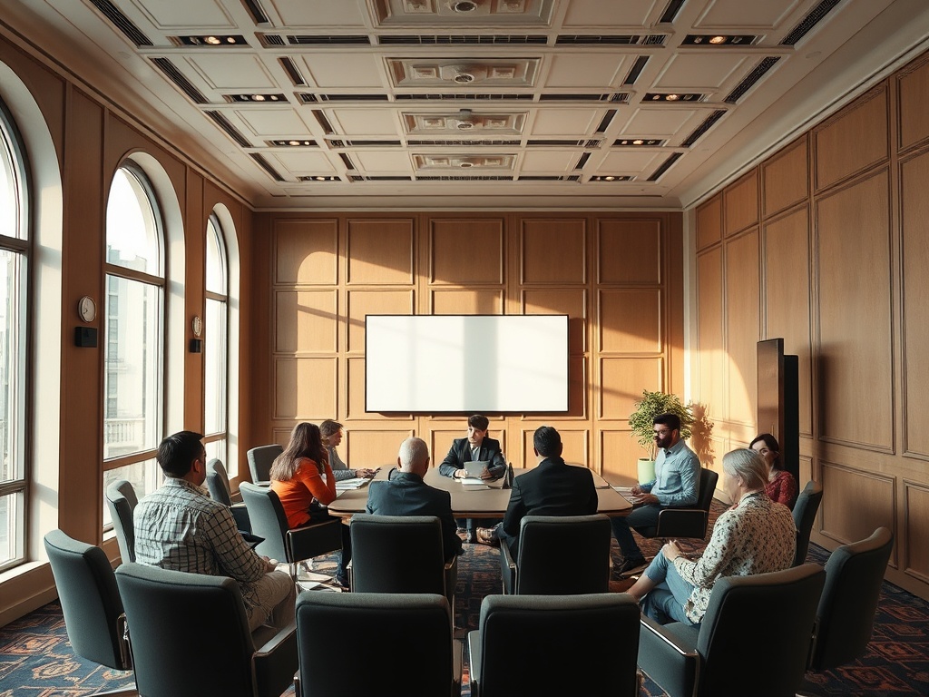 В помещении с большими окнами проходит деловая встреча. Участники сидят за круглым столом.