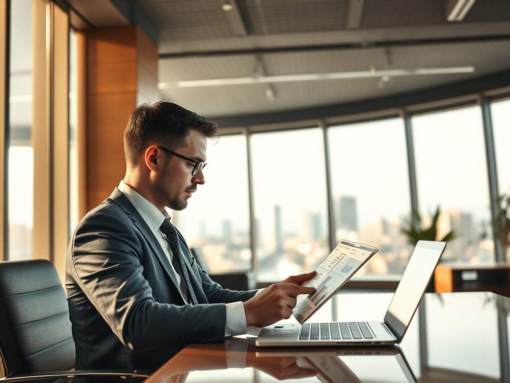 Деловой мужчина в костюме сидит за столом, изучая данные на экране ноутбука и планшета в офисе.