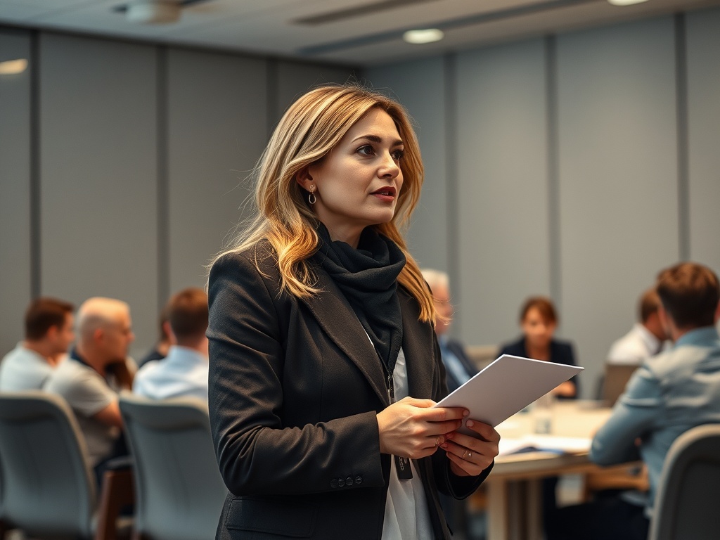 Женщина в деловом костюме держит бумаги и выступает перед аудиторией на совещании.